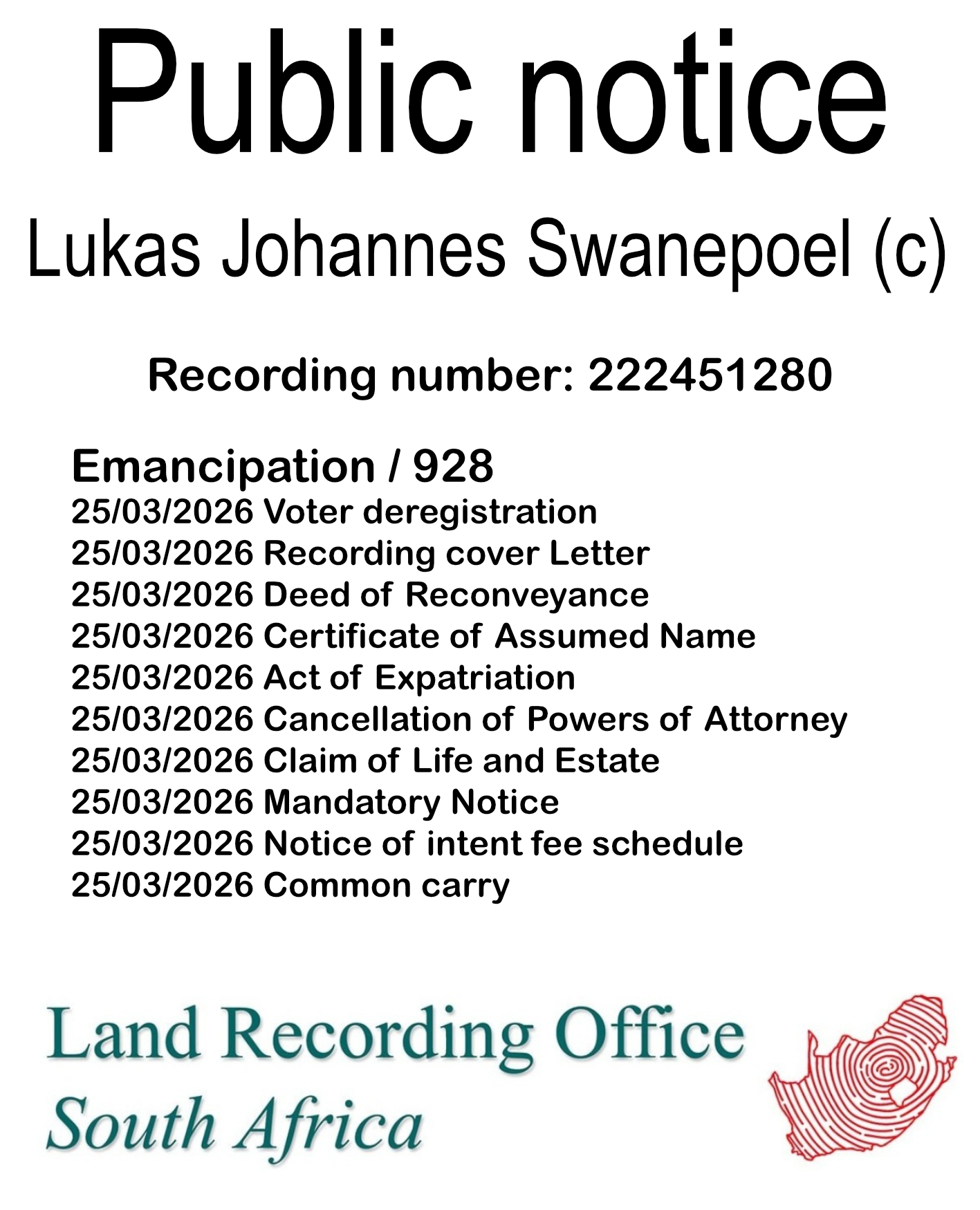 Public notice Lukas Johannes Swanepoel (c) Recording number 222451280
